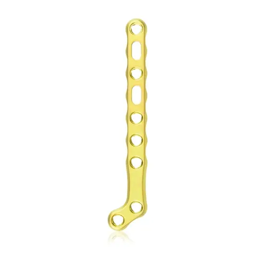 Placa ósea EickLoxx Small Contour, placa de hockey izquierda, 9 orificios, sistema 1.7/2.3 mm, dorada, dimensiones (en mm): L 58 x W 11 x H 2.2