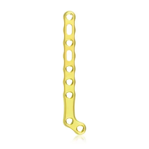 Placa ósea EickLoxx Small Contour, placa de hockey derecha, 9 orificios, sistema 1.7/2.3 mm, dorada, dimensiones (en mm): L 58 x W 11 x H 2.2